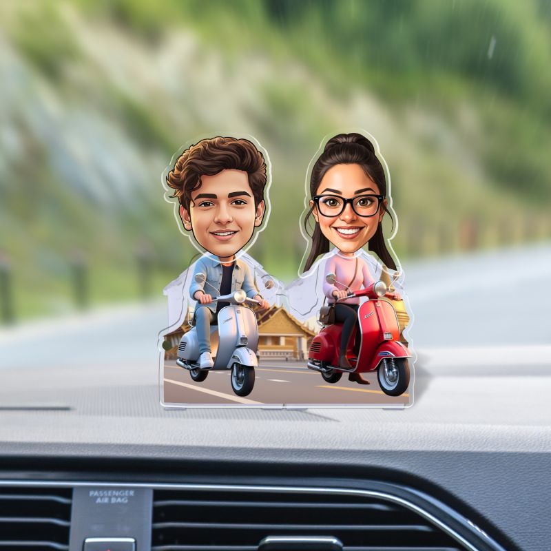 Personalized Couple Bobblehead Caricature Gift for Husband, Wife, Girlfriend, Boyfriend & Friends Solar Powered Moving Head Couple Gift for Birthday (Funny Scooter Couple)